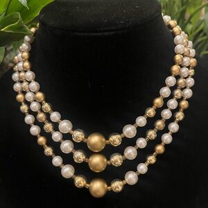 Vintage Gold and Pearl Beaded, Triple strand graduated Necklace marked Japan